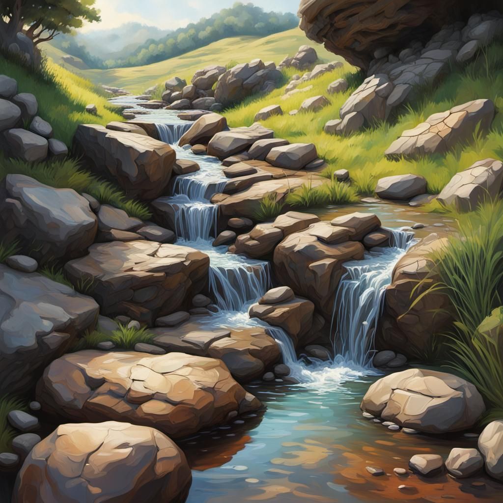 Rolling hills, streams trickling over rocks into an small pool