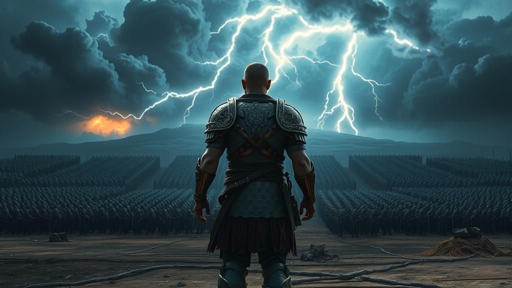 Warrior Faces Army in Apocalyptic Landscape