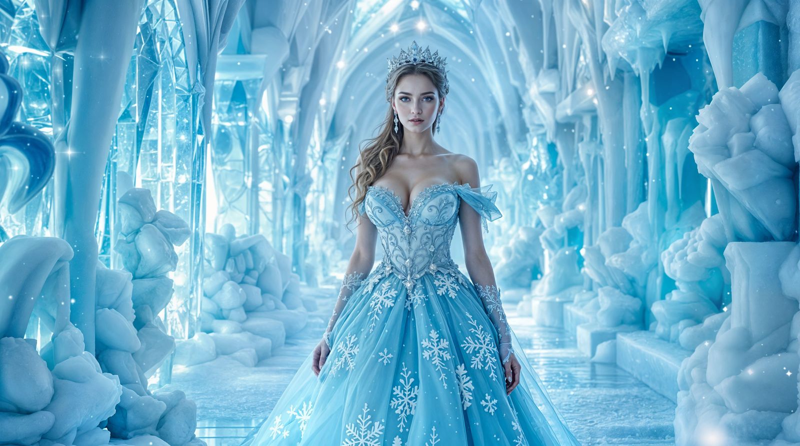 Ethereal Ice Palace Portrait in Elegant Blue Gown