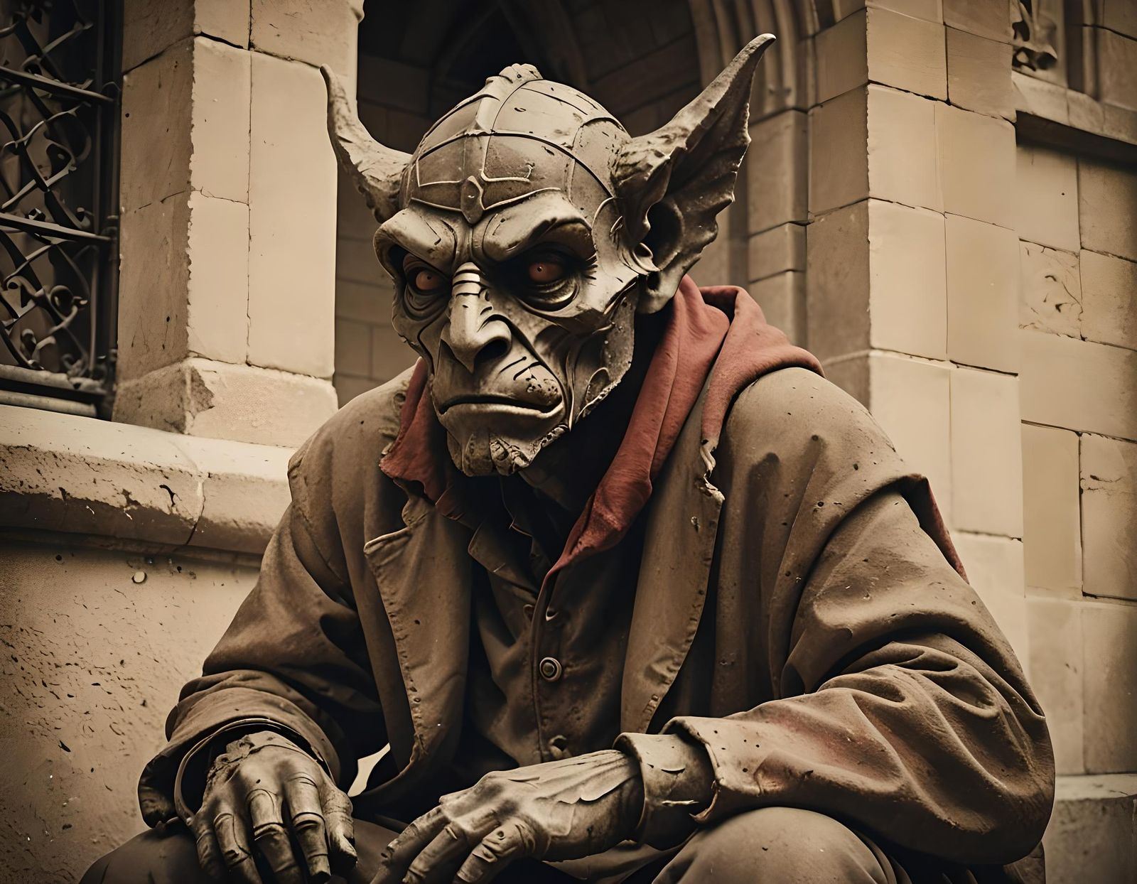 Notre Dame Gargoyle Man in Sepia-Toned Analog Photo
