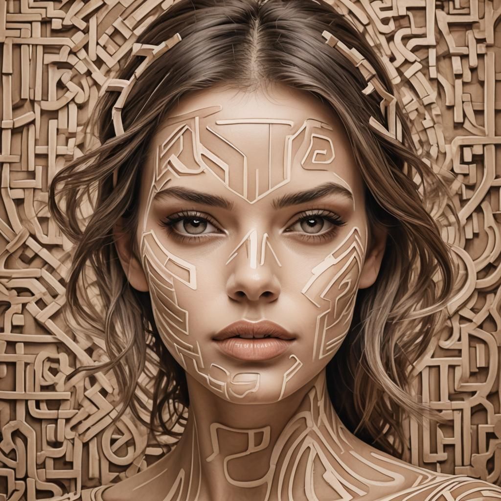 Hyperrealistic Girl with Maze Pattern, Sepia Tones