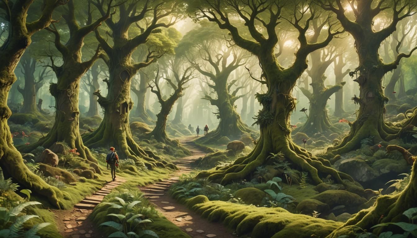Fantasy Woodland Scene with Mythical Creatures