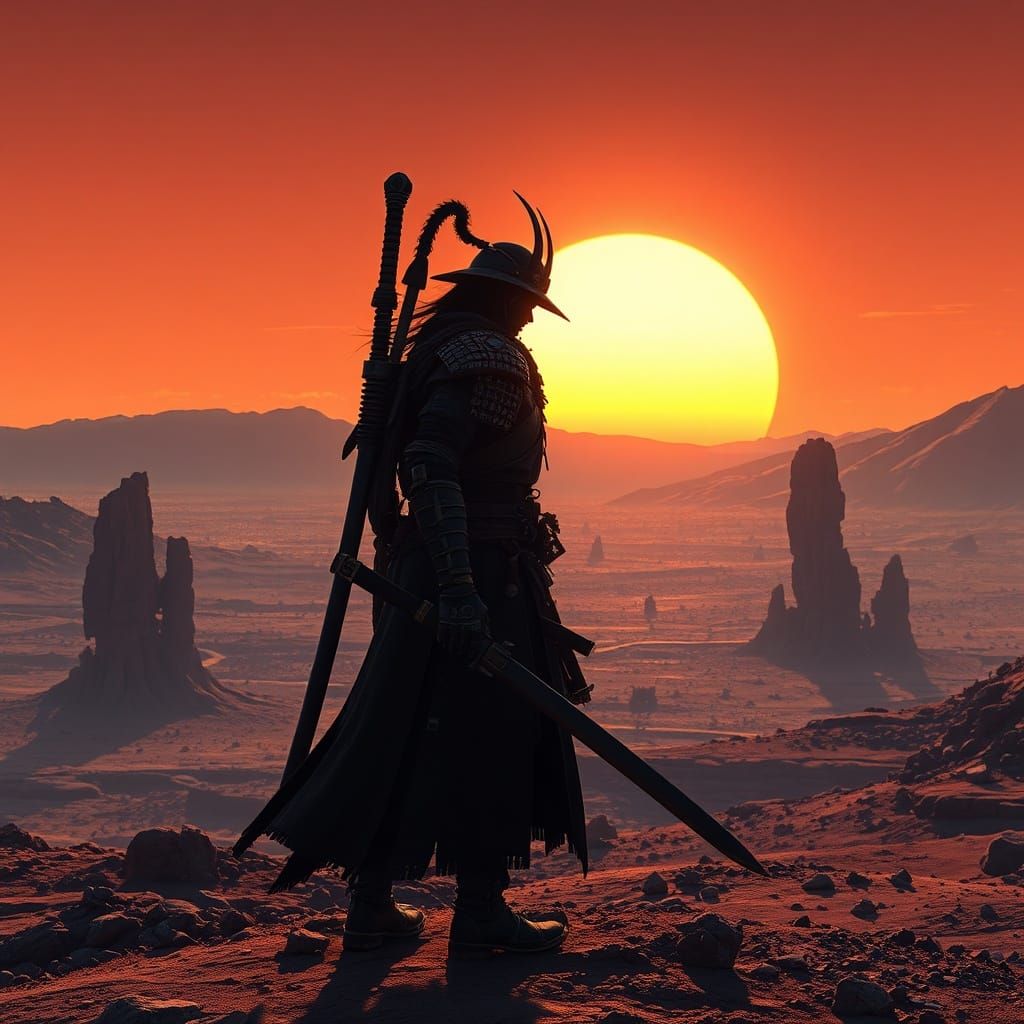 Cybernetic Samurai on Alien Planet at Binary Sunset