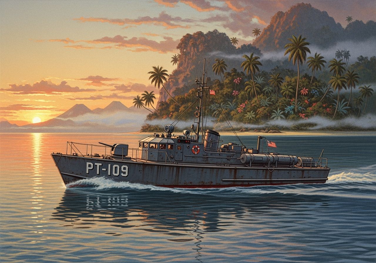 PT-109 Patrol Boat at Sunrise, Vintage Illustration