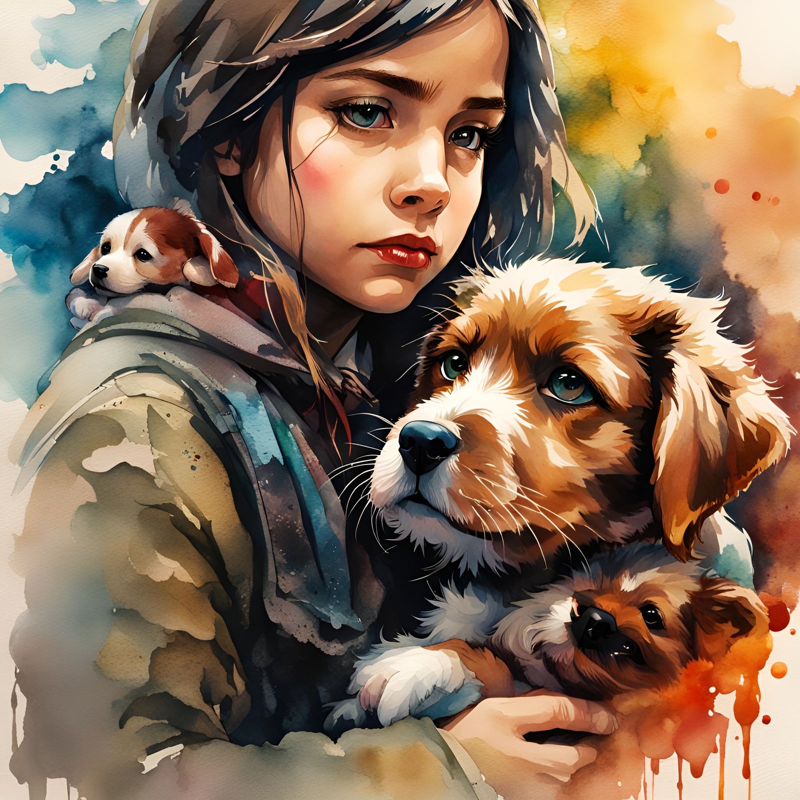 Girl and Puppy in Watercolor Aetherpunk Illustration