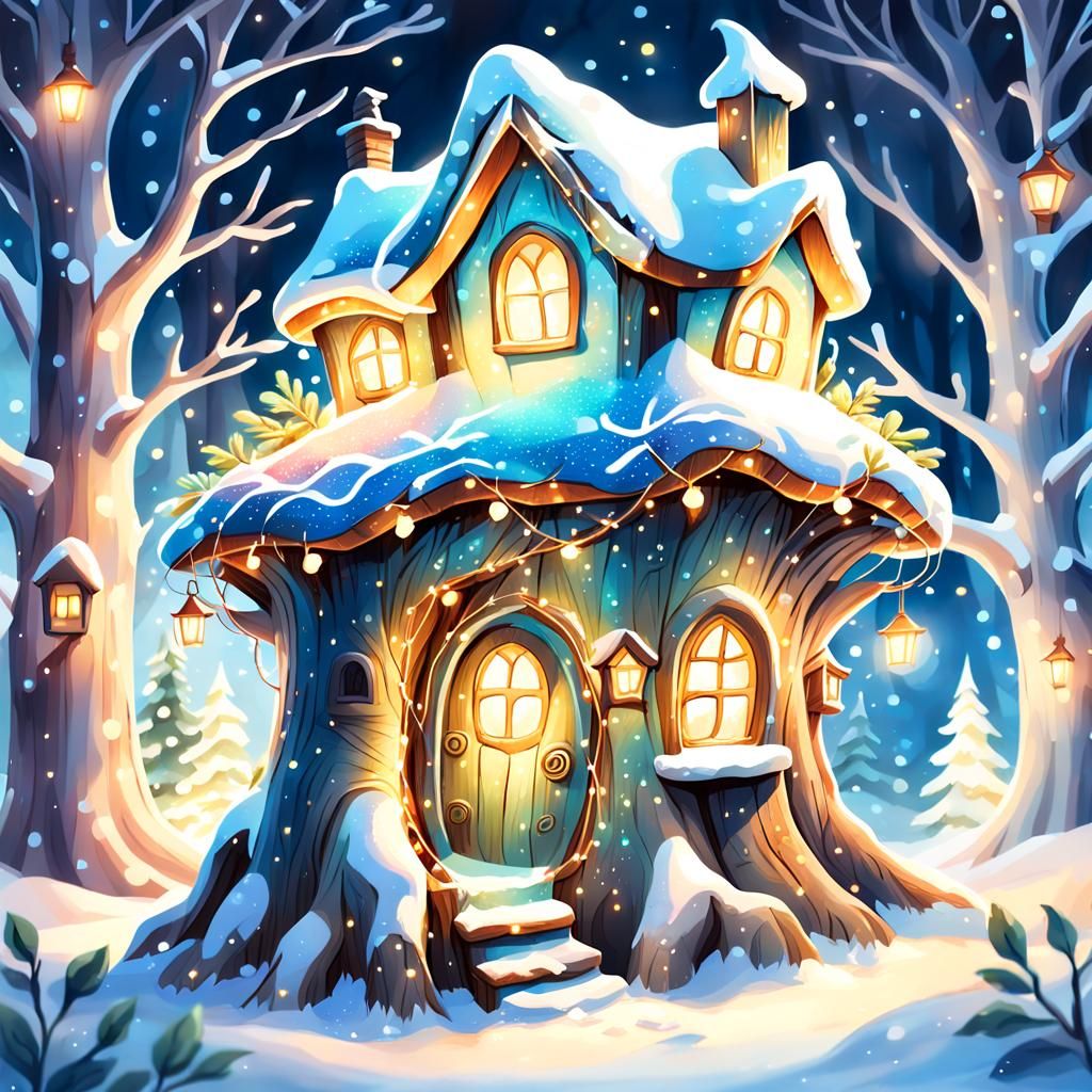 Whimsical Watercolor Christmas Treehouse in a Fantastical Wi...