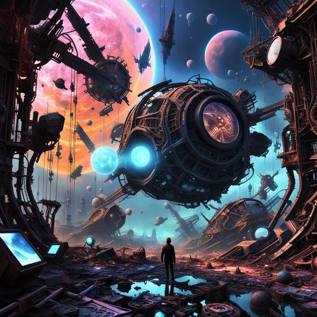 Angels Tidying Space Junk: A Surreal Digital Art