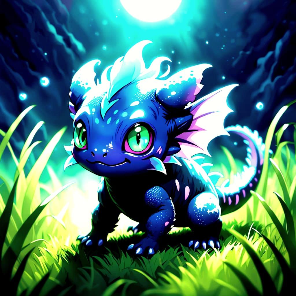 Mystical Chibi Shadow Axolotl Under Ethereal Moonlight