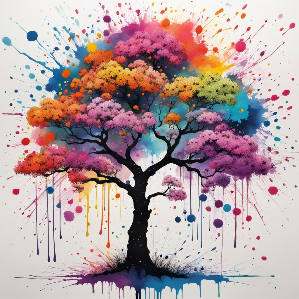 Colorful Flowering Tree Ink Splatter Artwork