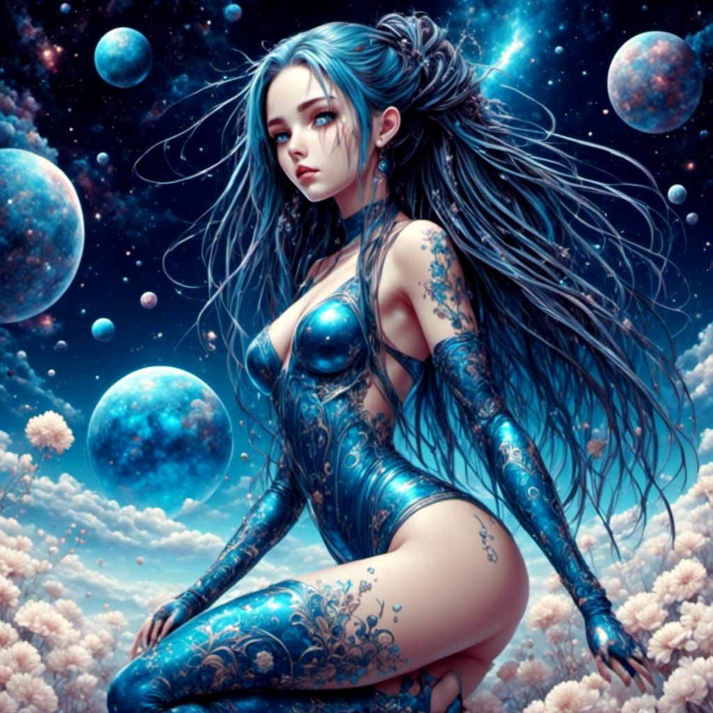 Iridescent Space Woman with Braids in Cartoon Style