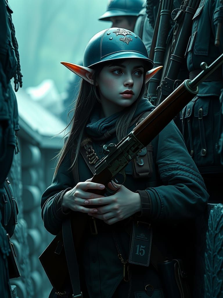 Elf Soldier in WWI Trench with Color Highlights