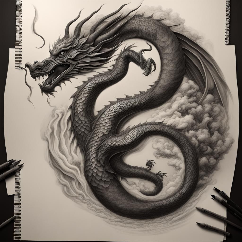 Yin Yang Dragon in Charcoal Drawing Style