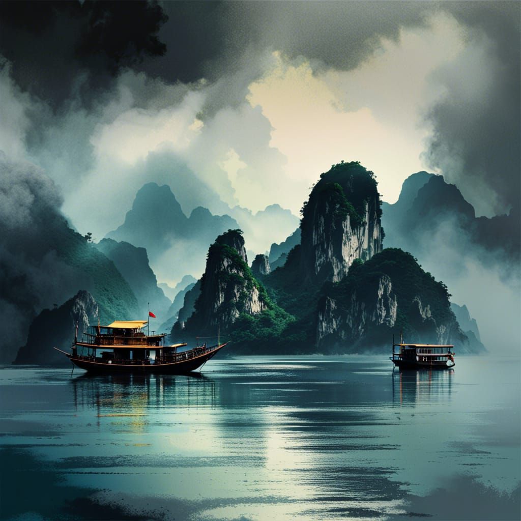 Mystical Ha Long Bay, Vietnam: Ink Splash Art