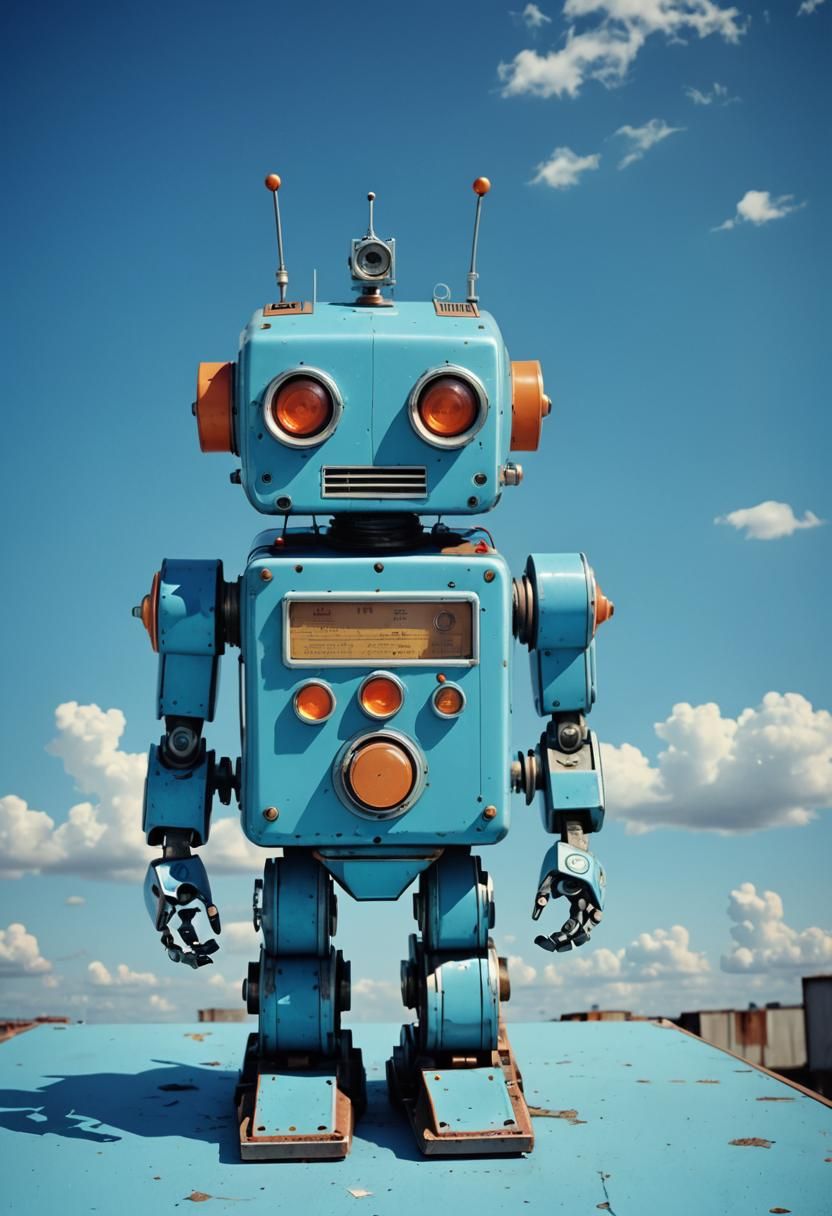 Retro Toy Robot in Industrial Setting, Screen Print Style