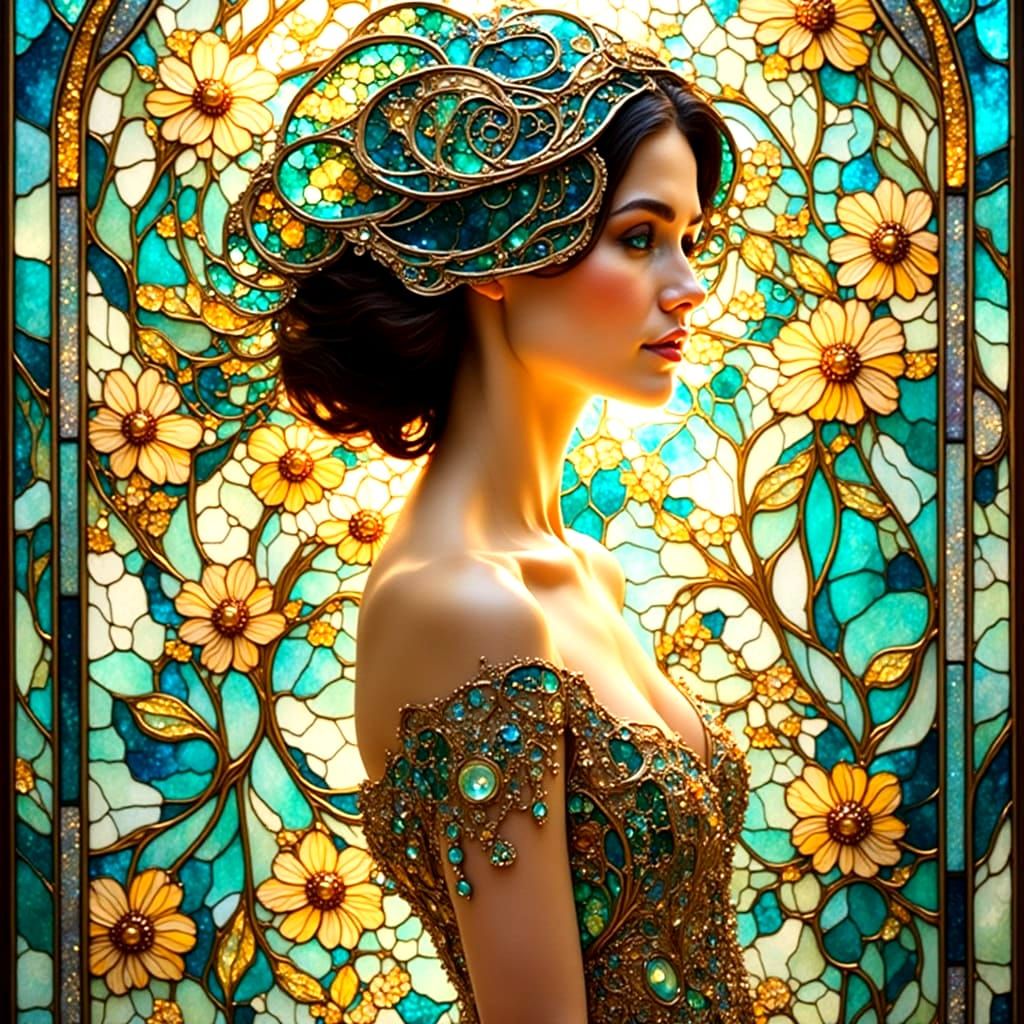 Stunning Art Nouveau Woman in Vibrant Stained Glass Flapper ...