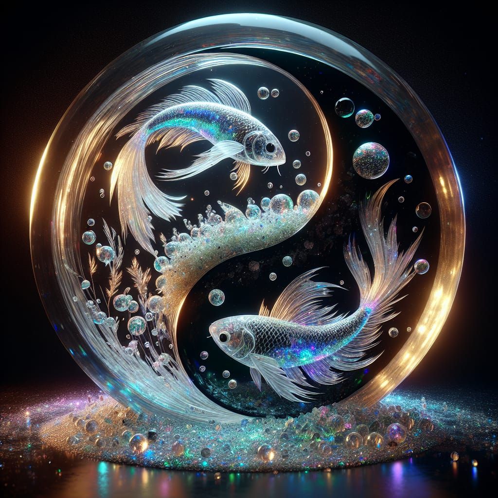 Bioluminescent Fish Yin Yang Sculpture in Crystal Glass