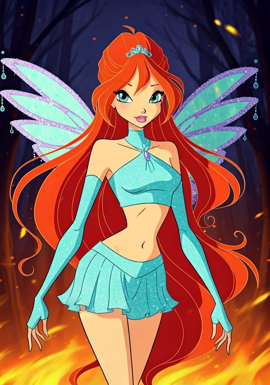 Bloom from Winx Club in Burning Forest, Anime Style