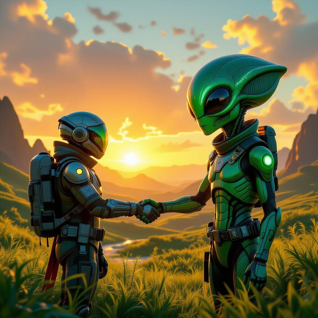 Futuristic Explorer Greets Bioluminescent Alien on Earth