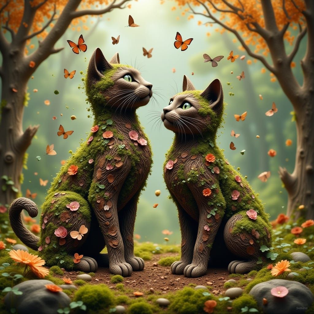 Whimsical Forest Cats Bloom with Flowers and Butterflies