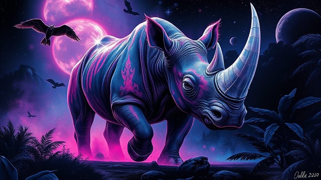 Elasmotherium Rhinoceros Charges Through Neon Jungle