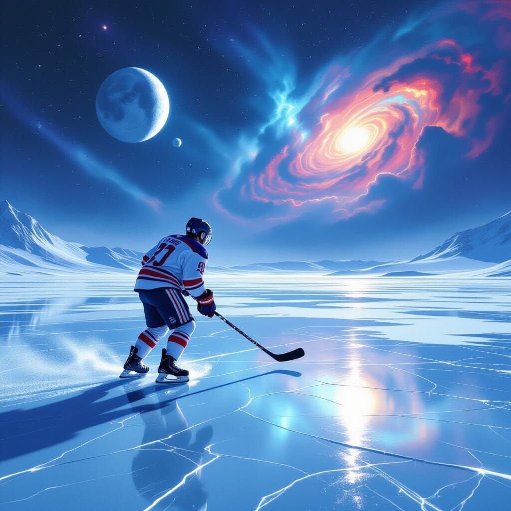 Alien Planet Hockey Player Under Twin Moons