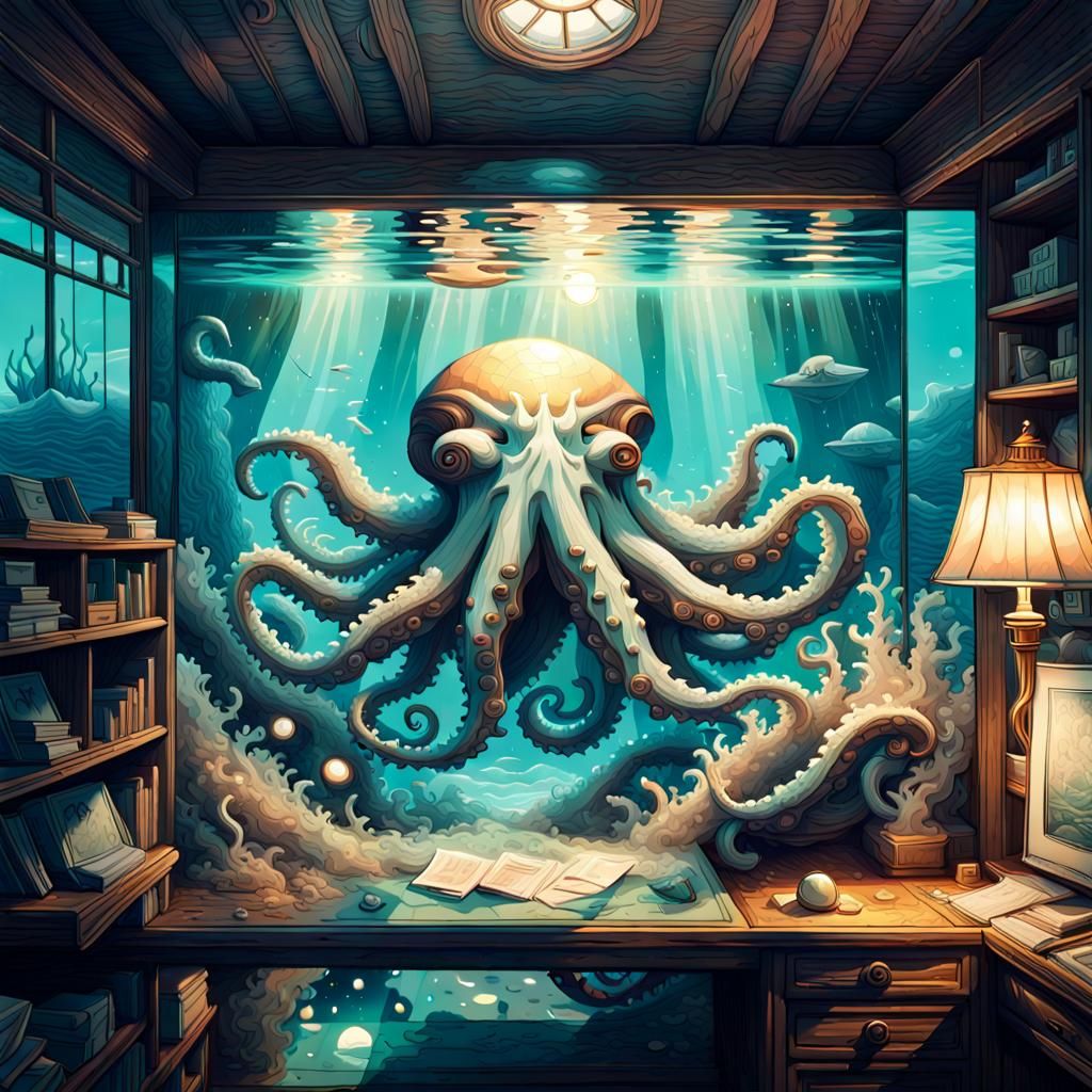 Pixelated Kraken in Calm Ocean at Night