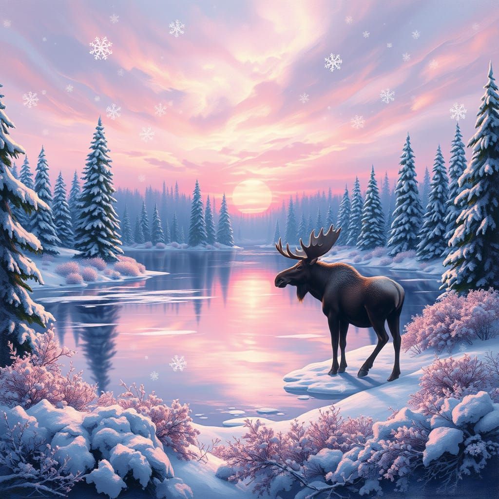 Dreamy Oil Painting of Snowy Evergreen Forest at Frozen Lake...
