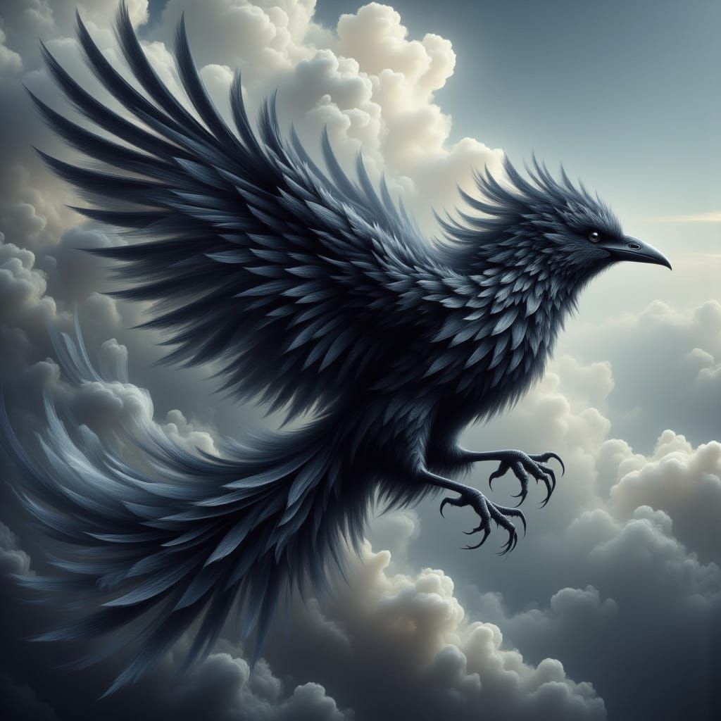 Surreal Wings in Dark Plumage Soar Through Ethereal Skies
