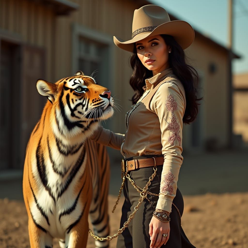 Glamorous Cowgirl with Tiger Leash, in a Vintage Hollywood S...
