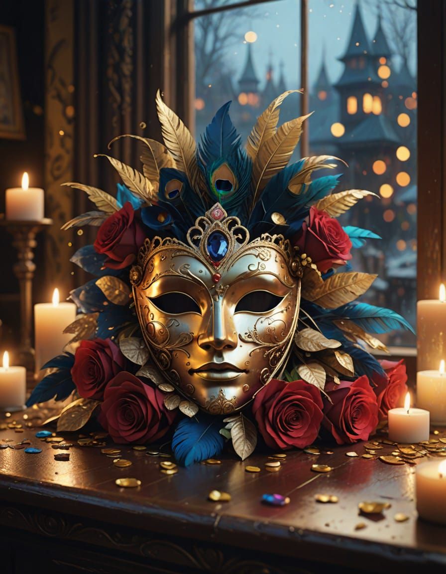 Ethereal Carnival Mask with Golden Filigree and Precious Gem...