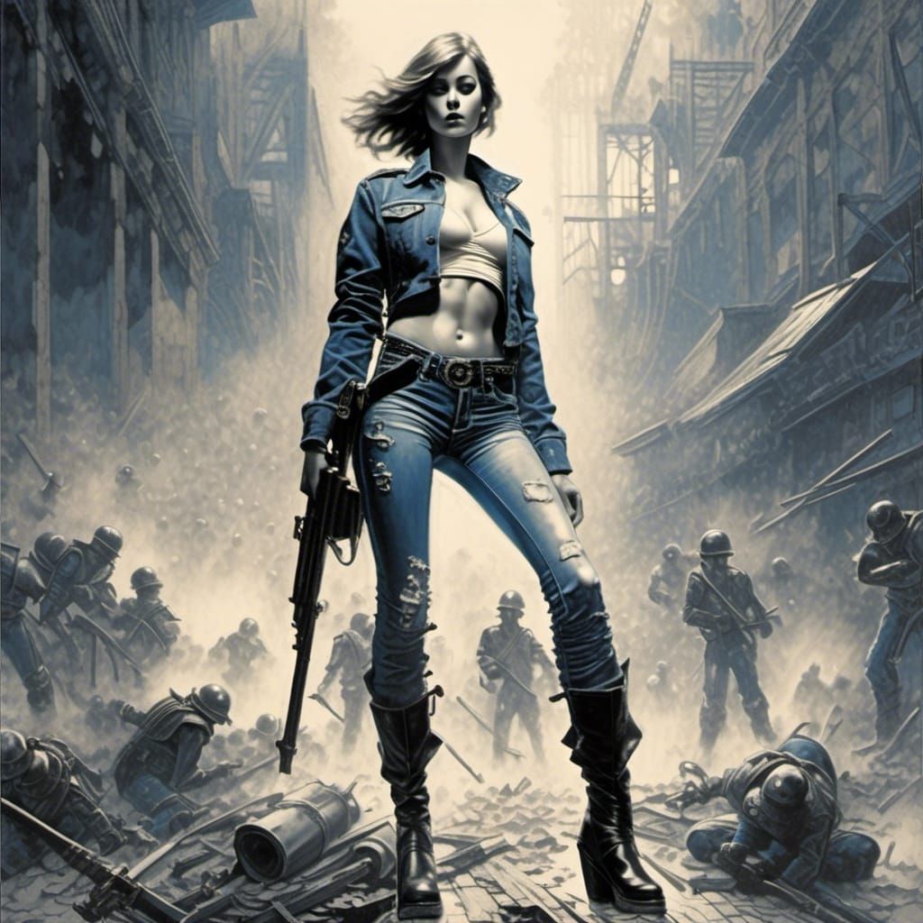 Woman in Jeans Amidst Riot, Black and White Concept Art