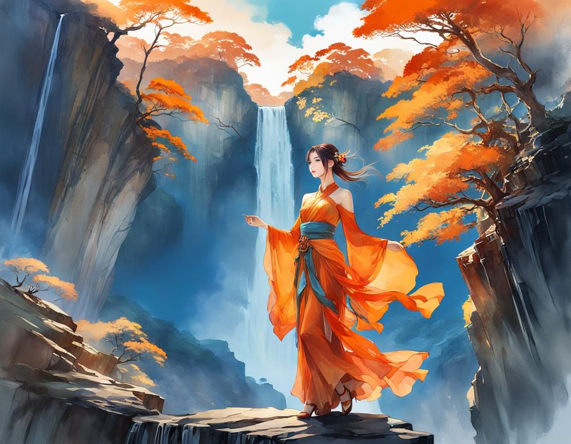 Double Exposure: Woman in Silk, Waterfall Landscape