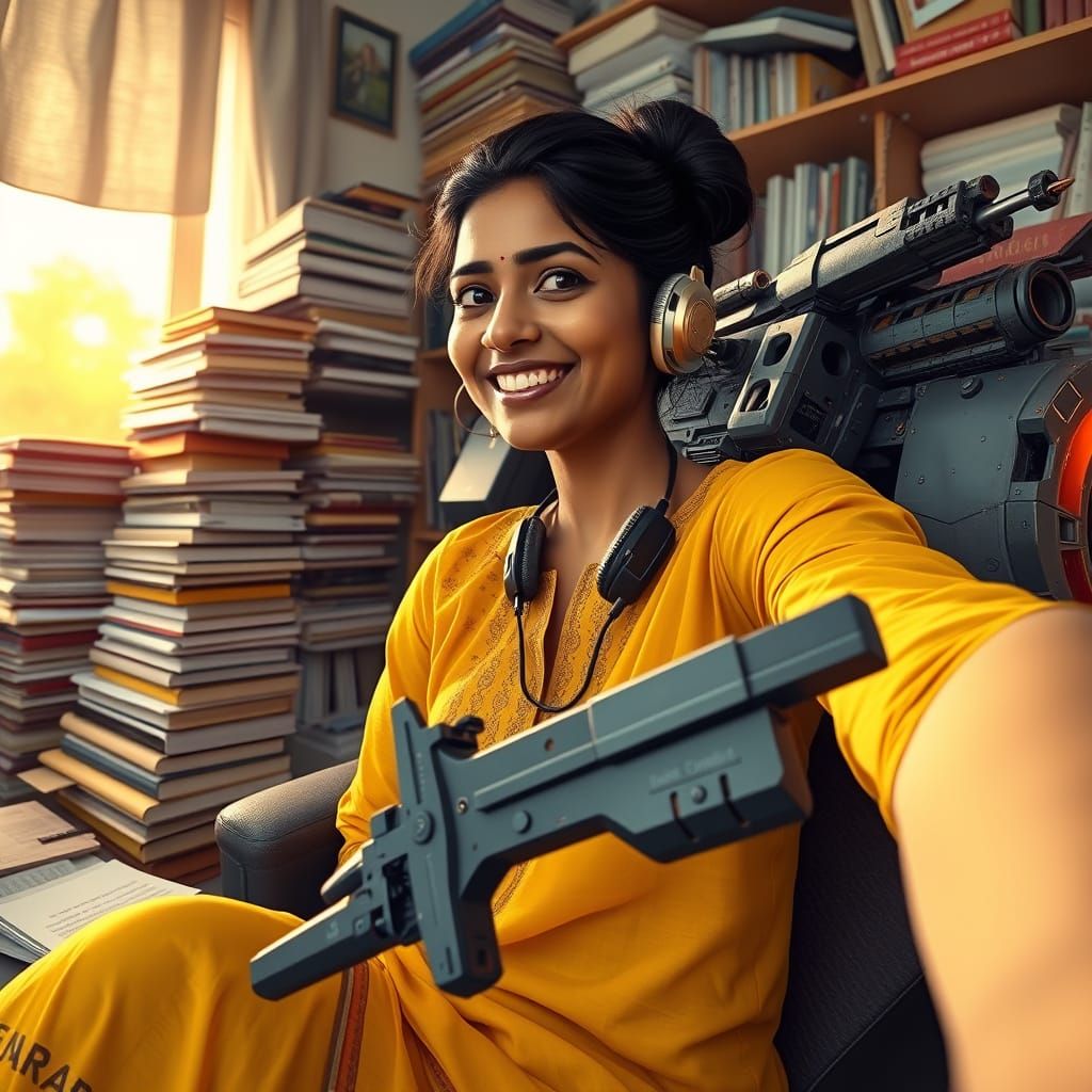 Indian Woman in Folk Art Style Takes Selfie Amidst Cluttered...