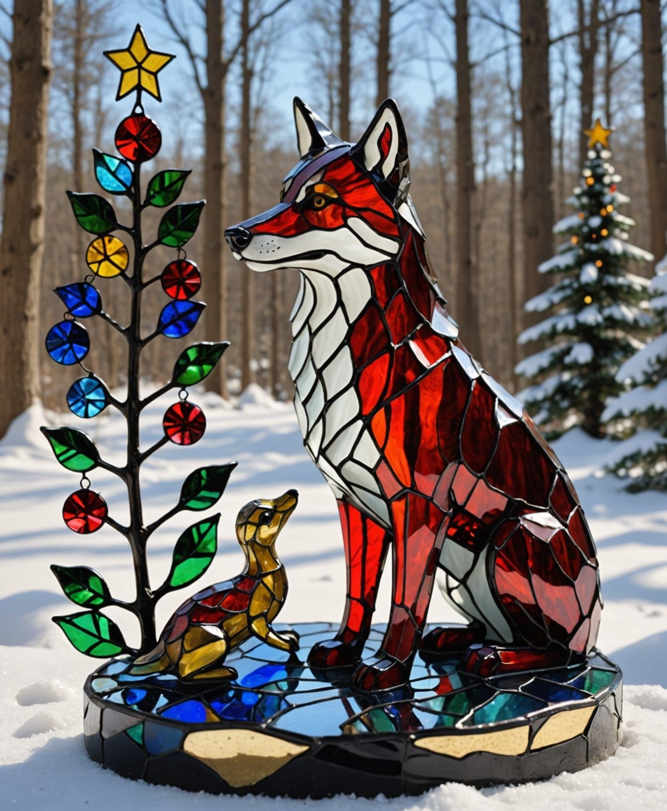 Stained Glass Wolf and Duckling Christmas Scene