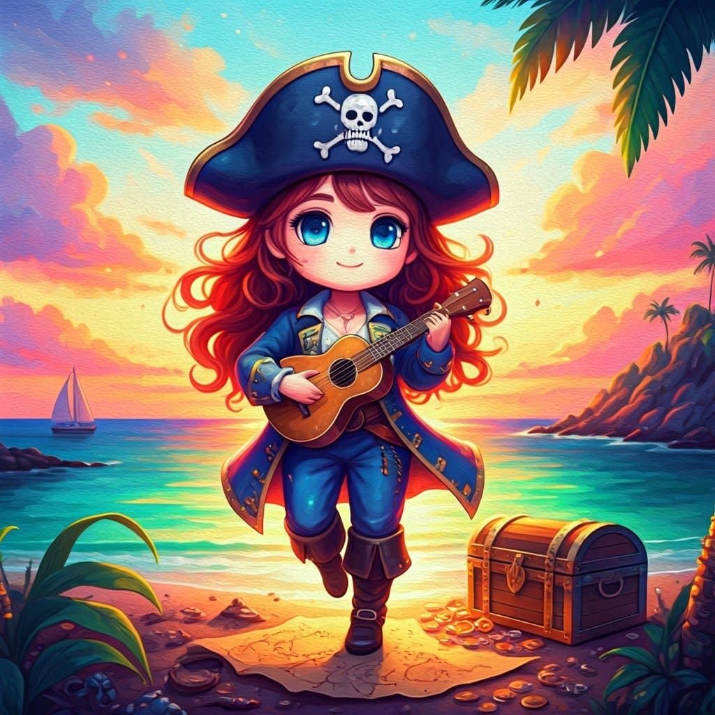 Chibi Pirate Maiden Plays Ukulele on Treasure Island