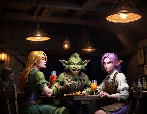 Goblins Enjoying Cocktails in Rustic Tavern: 3D Render