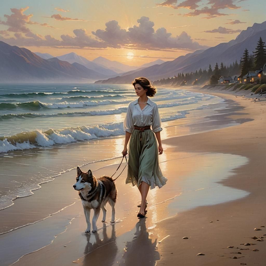 Woman and Dog on Beach at Sunset, Hyperdetailed