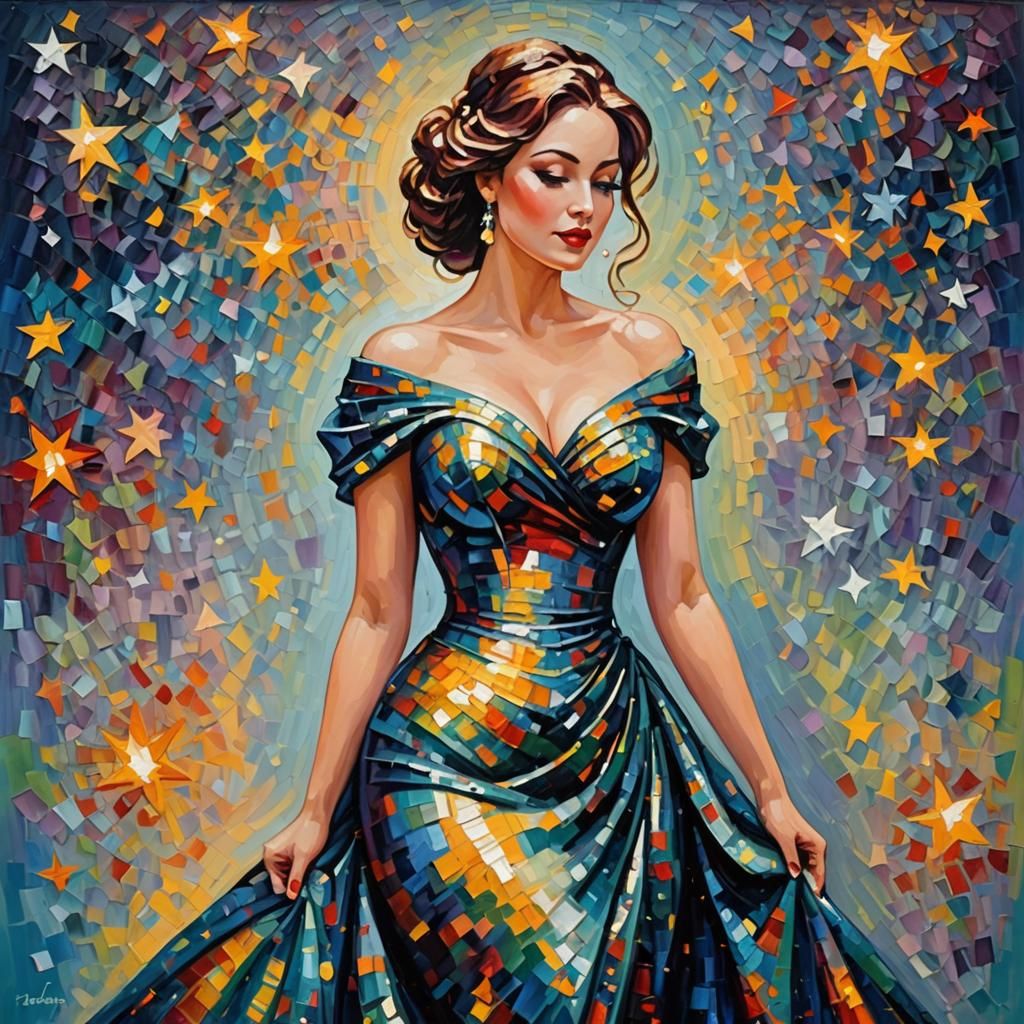 Gorgeous Woman in Starlit Gown, Expressionist Oil Painting