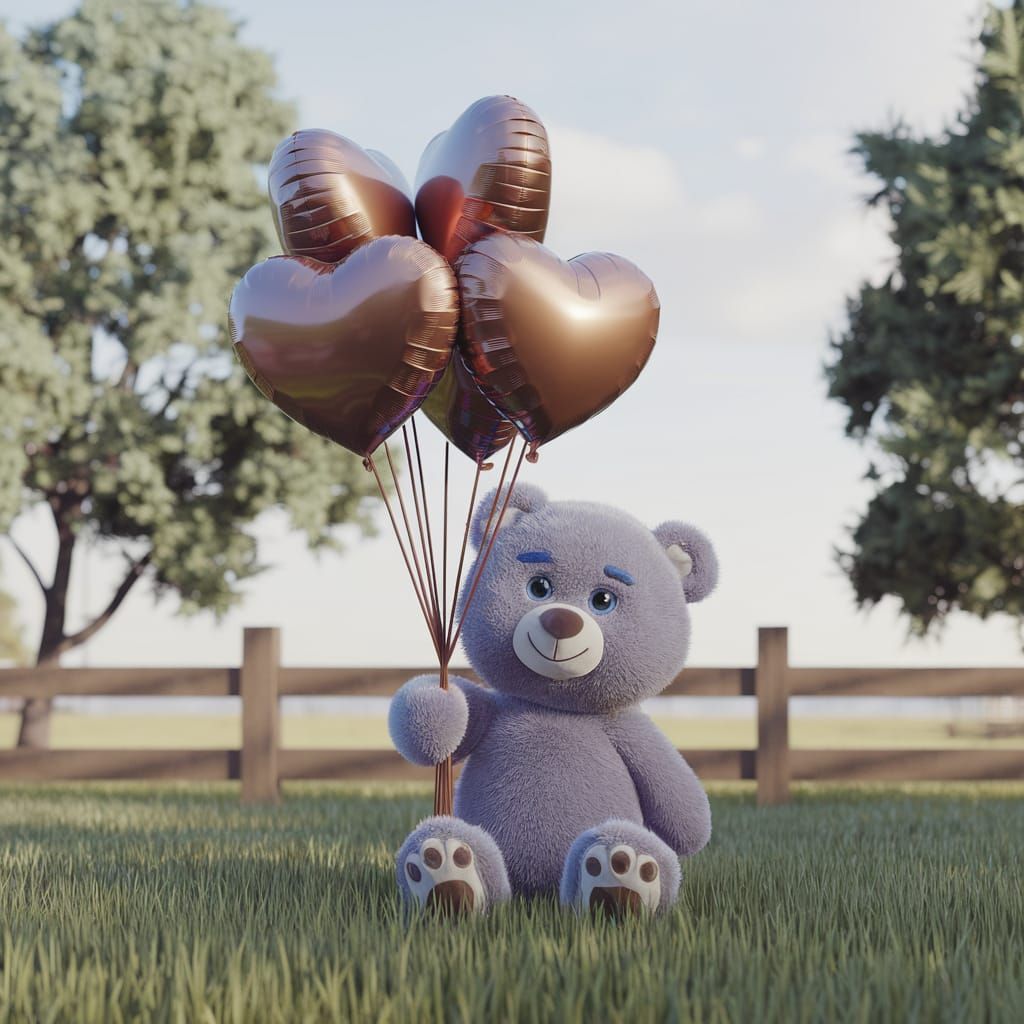 Teddy Bear Holding Heart Balloons in 3D
