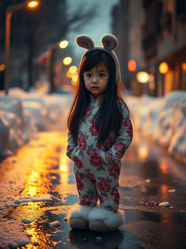 Contemplative Girl in Snowy Urban Landscape