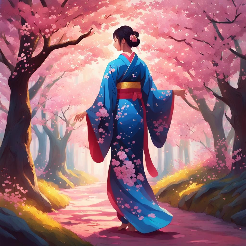 Lone Figure in Cherry Blossom Forest, Digital Art