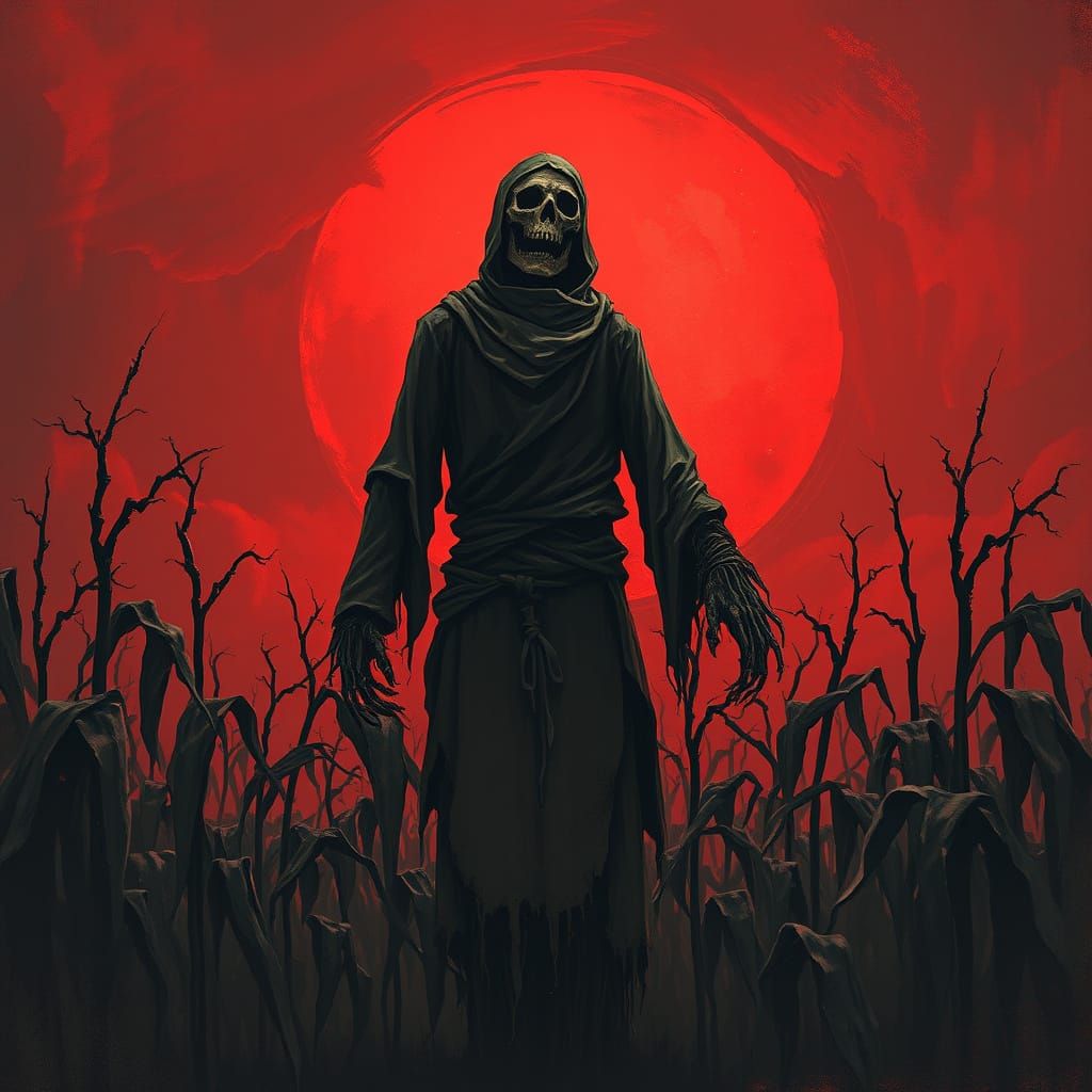 Scarecrow Guarding a Withered Field at Blood-Red Sunset