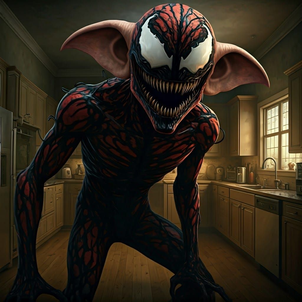 Terrifying Dobby-Carnage Hybrid Confronts Man in Kitchen