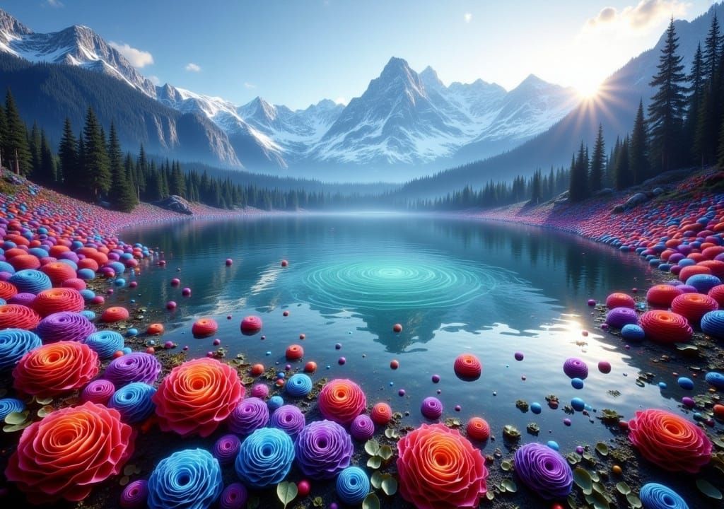 Lakeside Roses Reflecting Snow-Capped Mountains