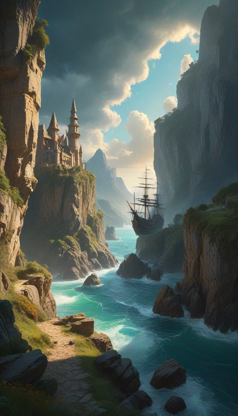 Majestic Coastal Realm in Ethereal Light
