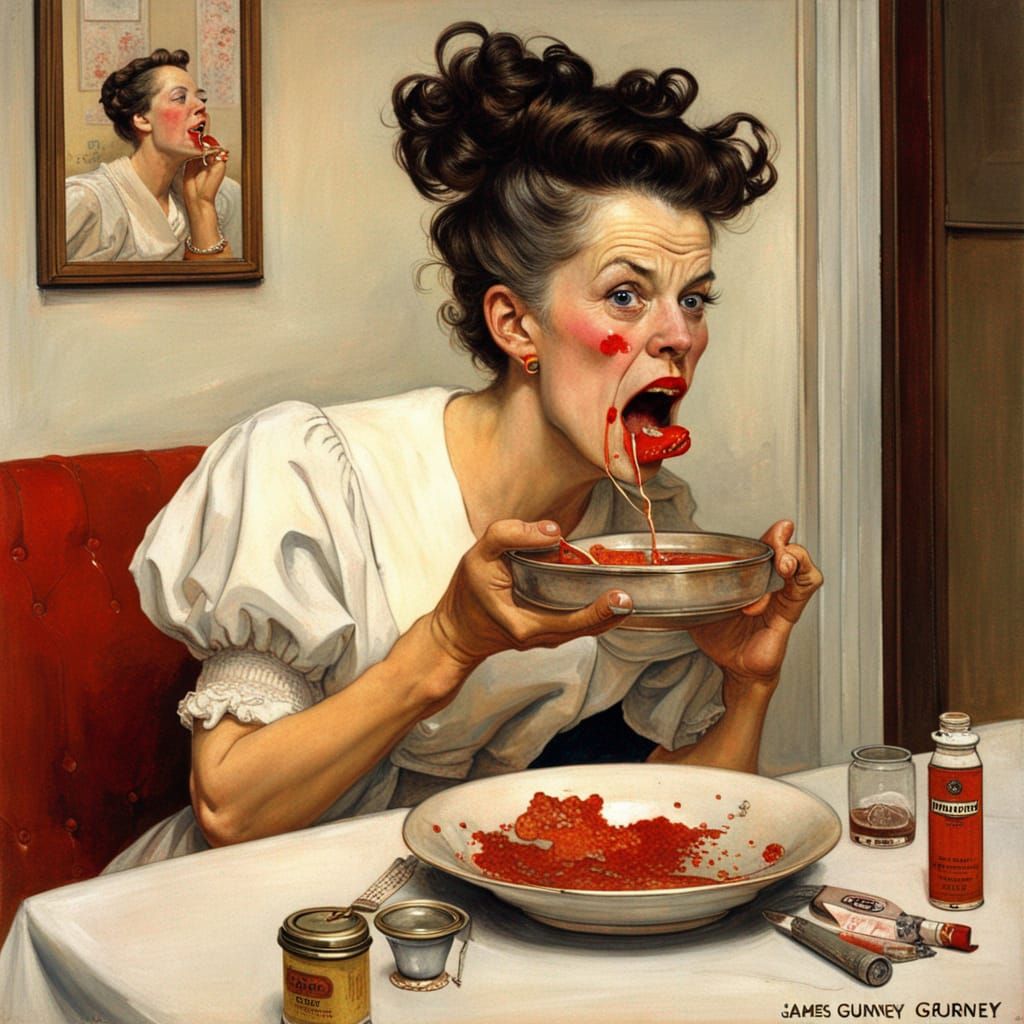 Disturbing Lipstick Feast: A Rockwell-esque Painting