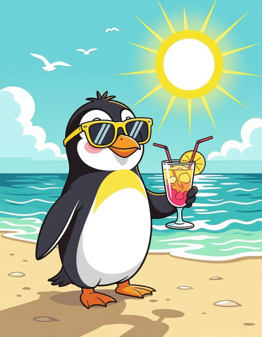 Cute Penguin in Sunglasses with Cocktail on Beach in Comic S...
