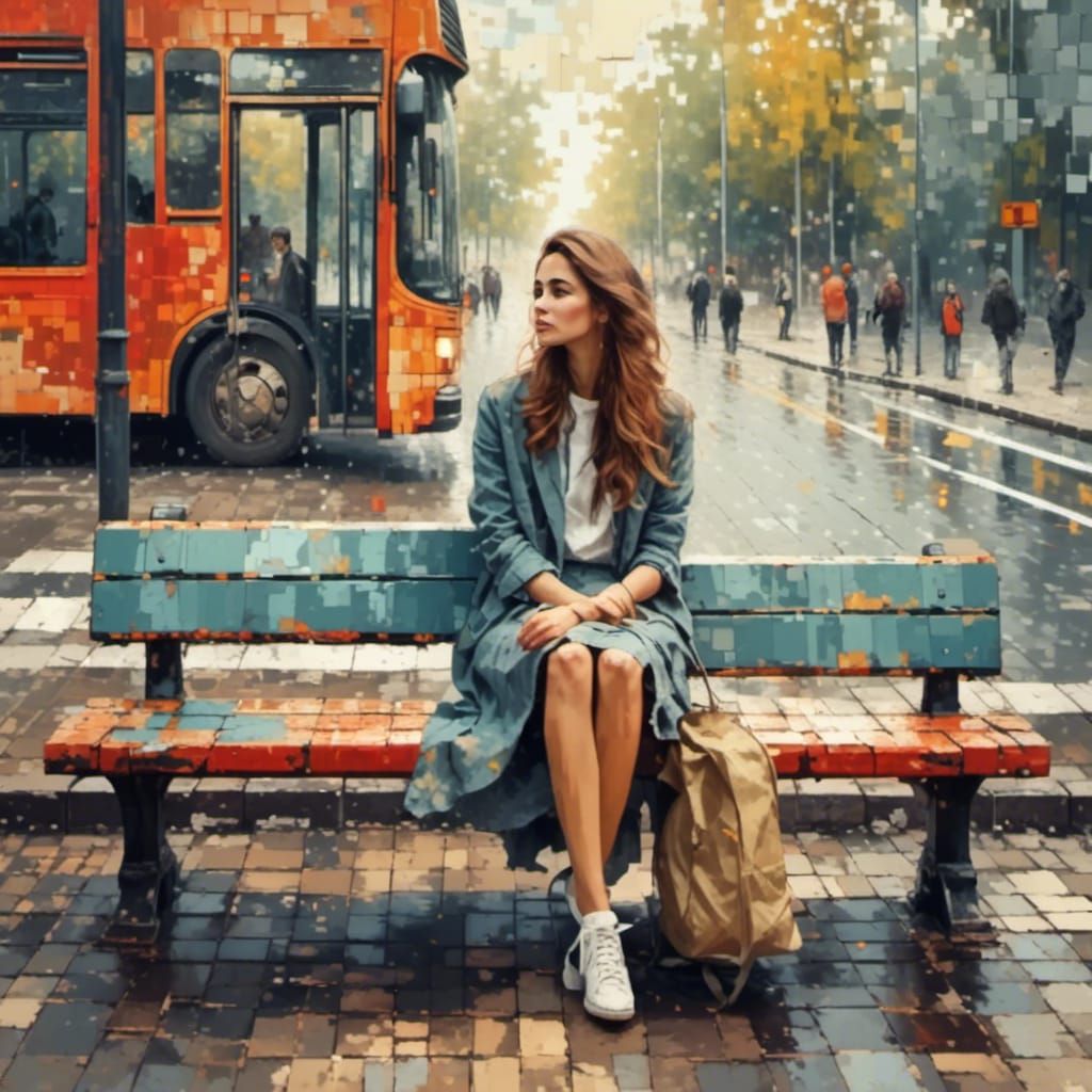 Woman at Bus Stop with Distressed Pixelation Effect