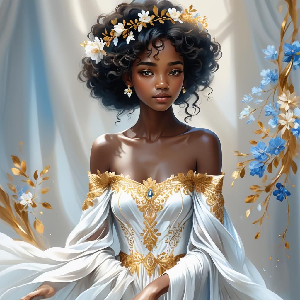 Serene Ebony Woman in Dreamlike Digital Illustration