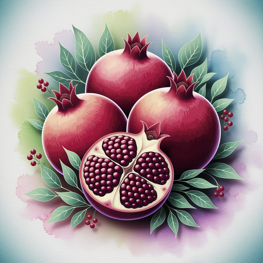 Stylized Pomegranate Blooms in Vibrant Watercolor and Digita...